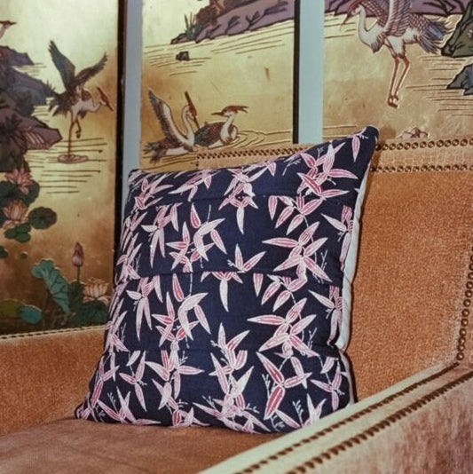 Recycled Kimono Silk Throw Pillow | Pink Bamboo Leaves