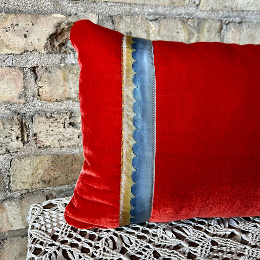 Luxe Silk Velvet Decorative Pillow with Antique French Trim