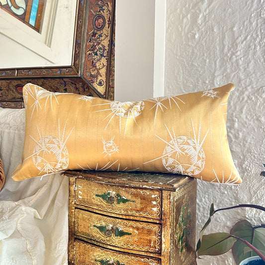 Gold Embroidered Lumbar Pillow | 12×24 Vintage Japanese Silk Brocade Textile, Decorative Cushion