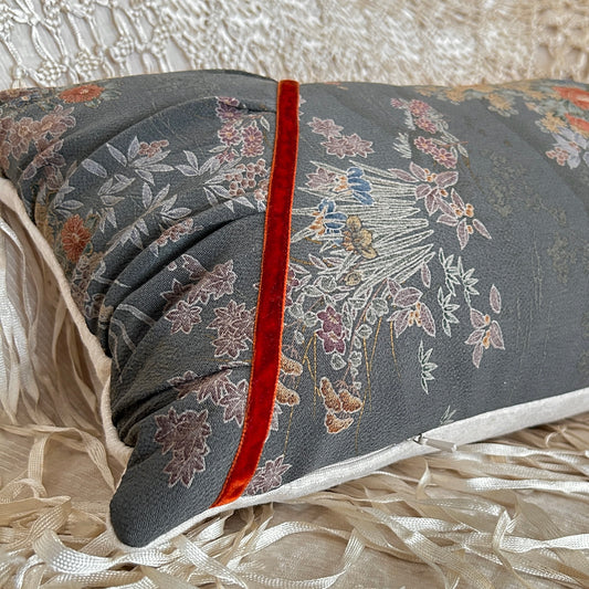 Floral Decorative Pillow | 12x24 Handmade Kimono Silk Decorative Lumbar, Charcoal and Burnt Orange Wildflower Pattern