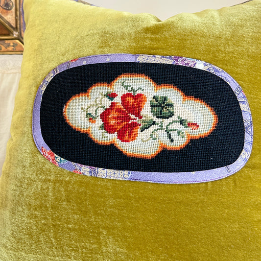 Chartreuse Velvet Pillow with Antique Needlepoint & Kimono Silk Trim, 20×20 Decorative Cushion