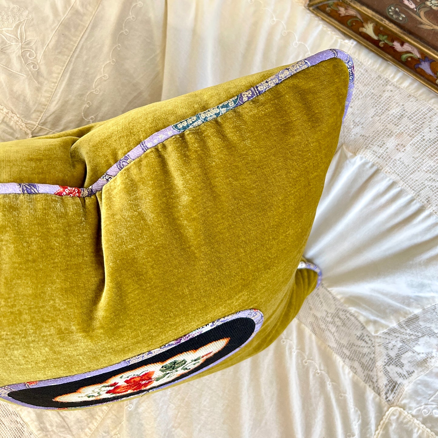 Chartreuse Velvet Pillow with Antique Needlepoint & Kimono Silk Trim, 20×20 Decorative Cushion