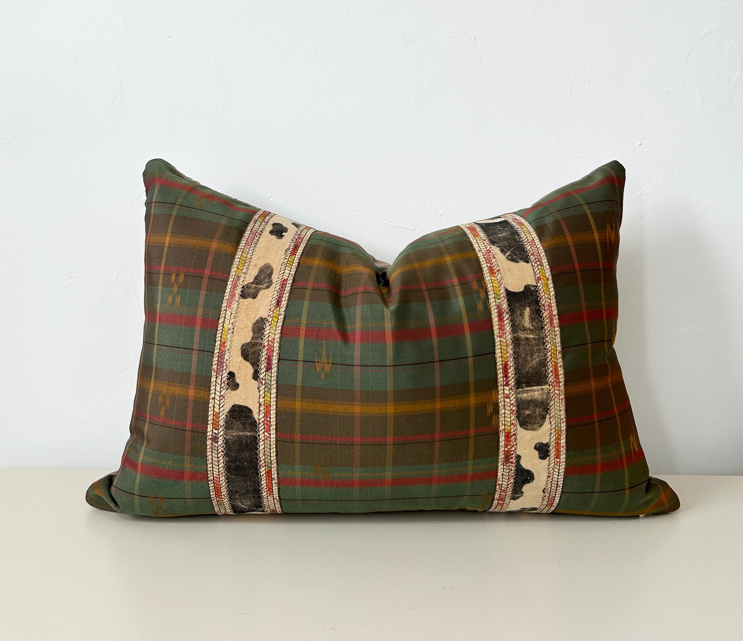 Plaid Silk Recycled Kimono Pillow | Ryukyu Kasuri Weave, Antique Ribbon Detail