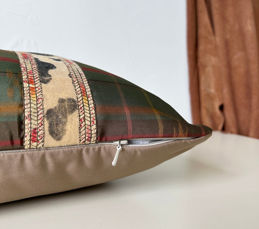 Plaid Silk Recycled Kimono Pillow | Ryukyu Kasuri Weave, Antique Ribbon Detail
