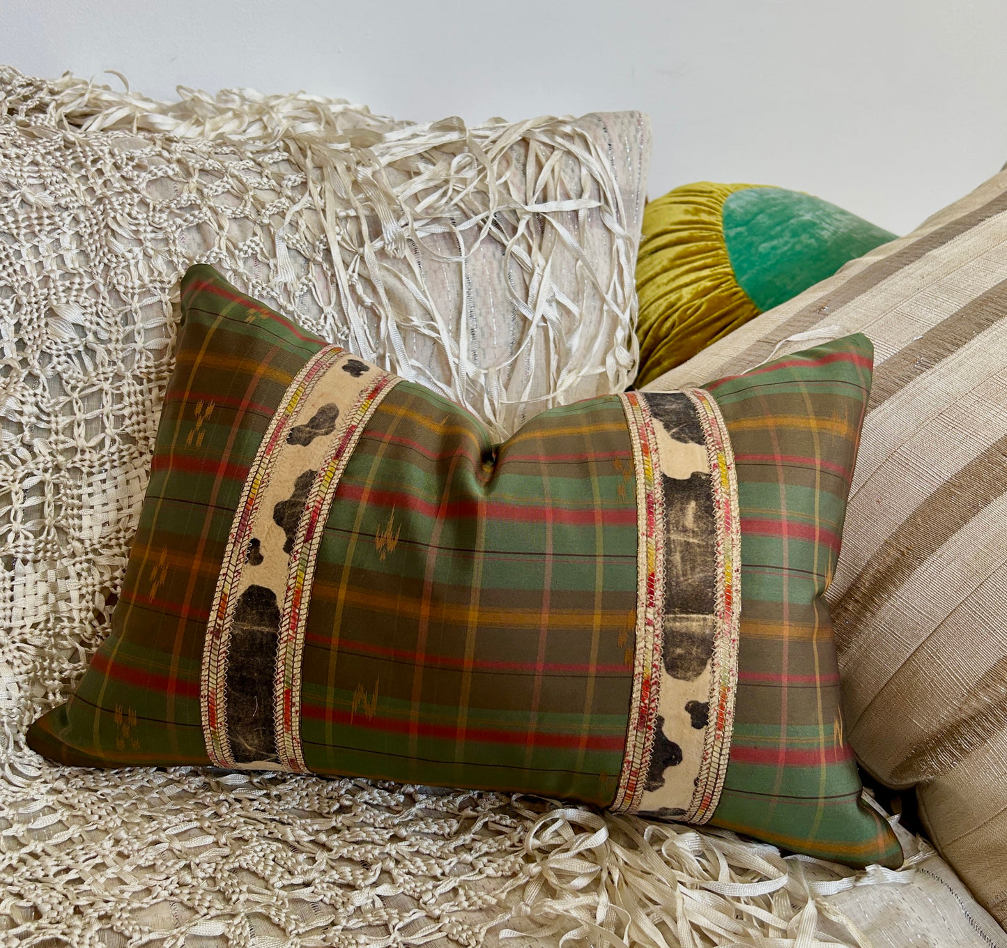Plaid Silk Recycled Kimono Pillow | Ryukyu Kasuri Weave, Antique Ribbon Detail