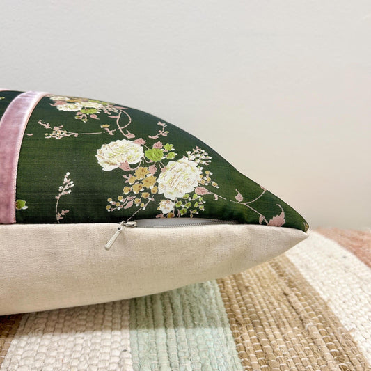 Green Floral Silk Lumbar with Vintage Sari & Velvet Ribbon