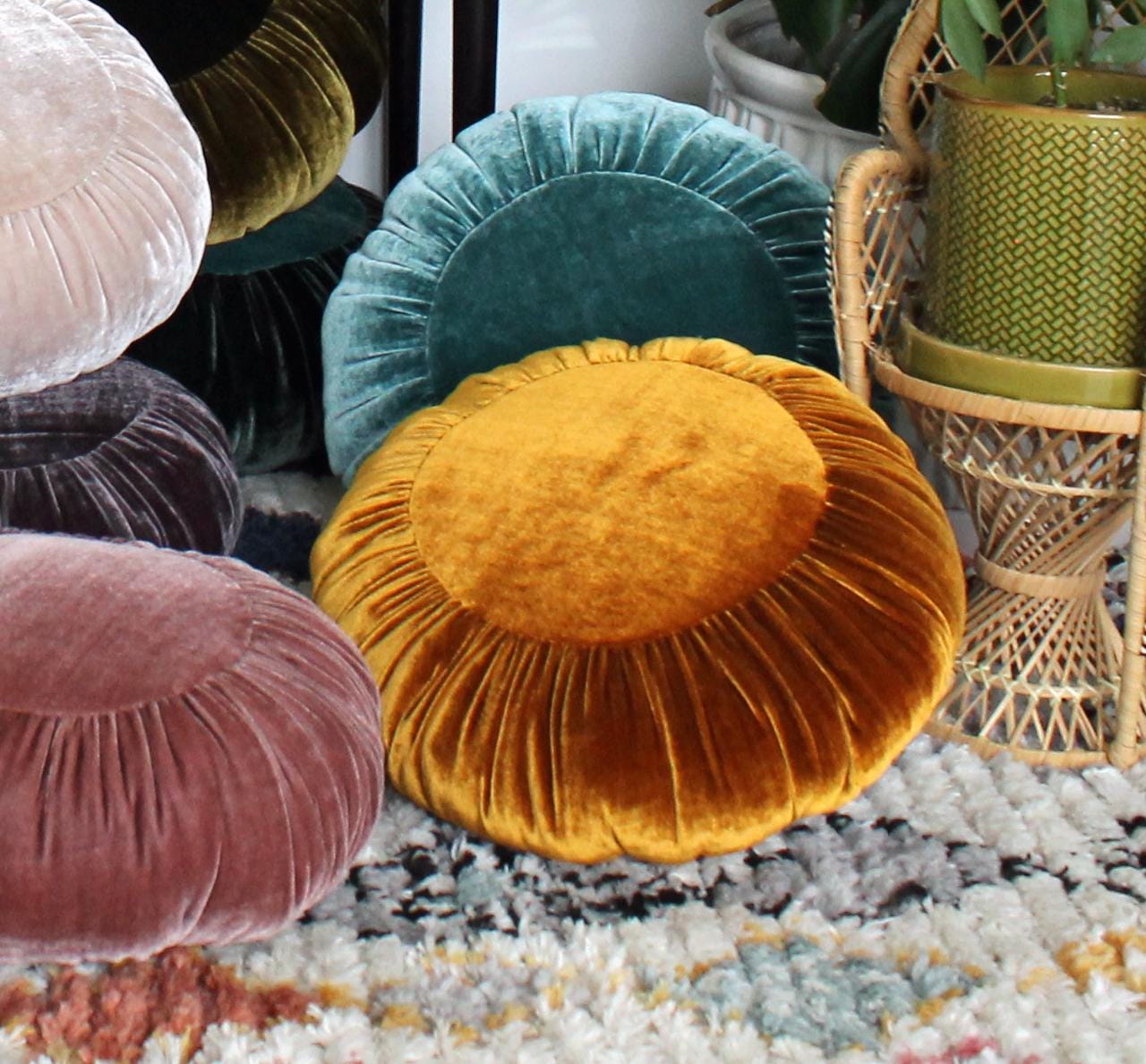 Velvet Throw Pillow - Golden Amber Round Handmade Cushion