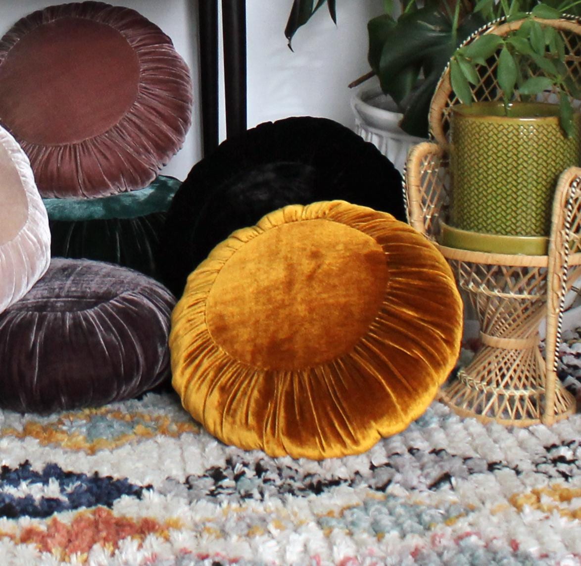 Velvet Throw Pillow - Golden Amber Round Handmade Cushion