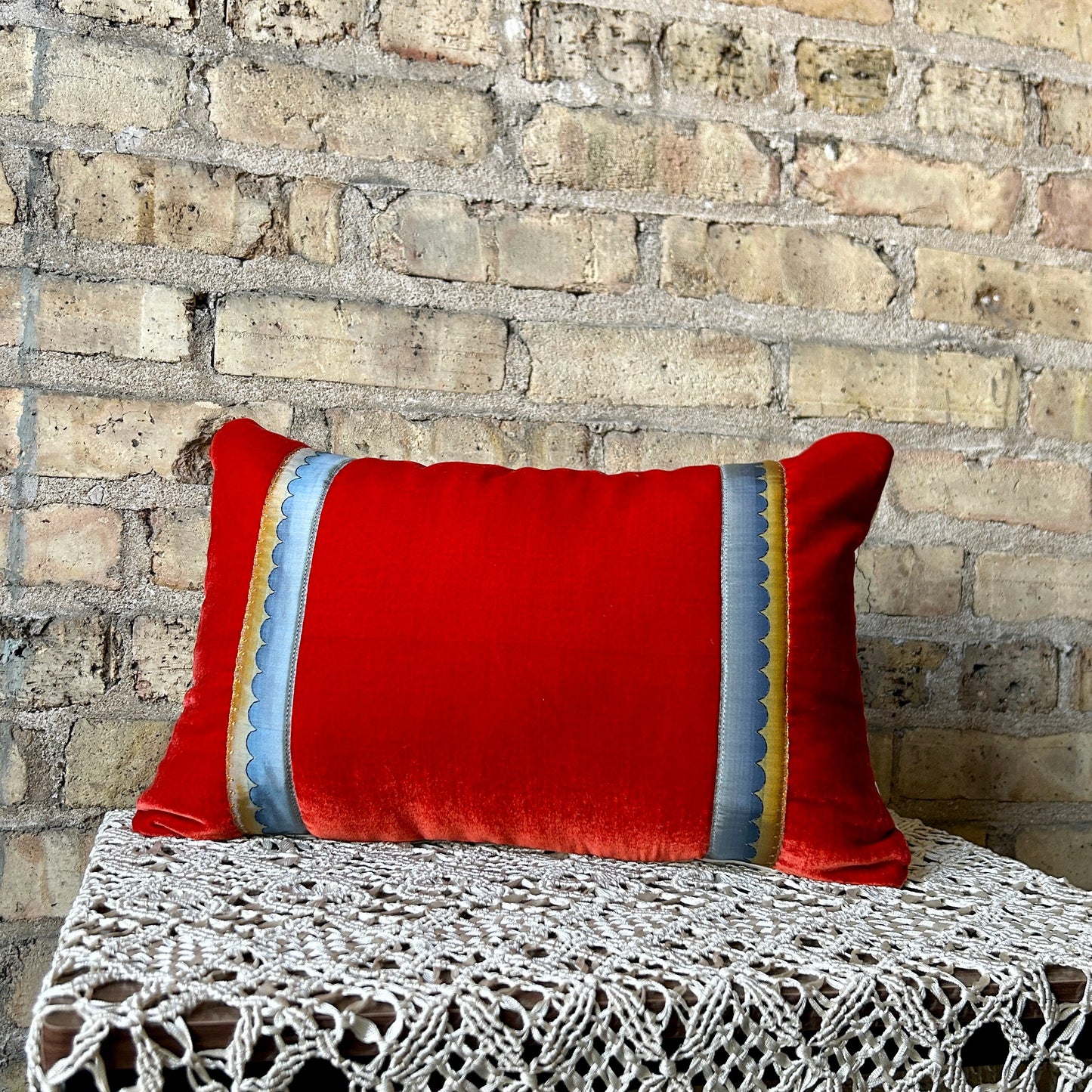 Luxe Silk Velvet Decorative Pillow with Antique French Trim