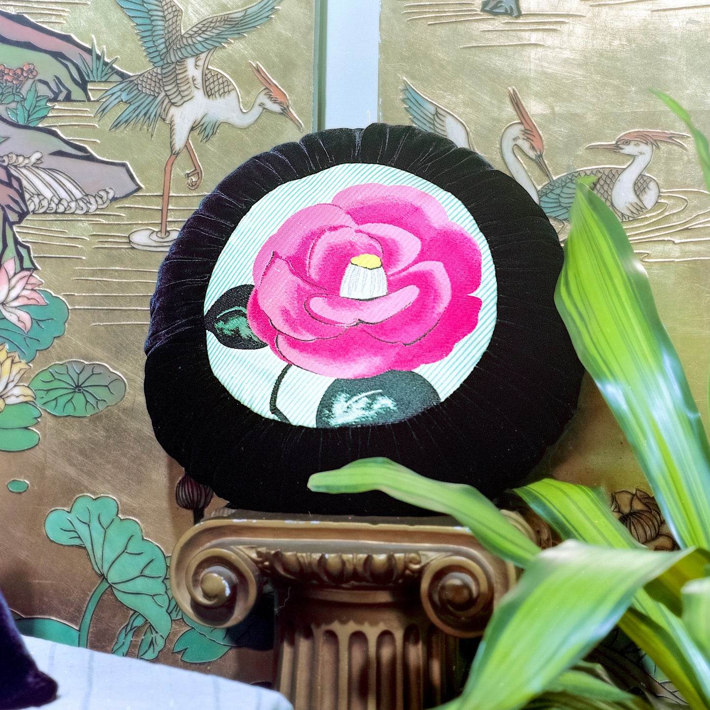 Sun Cushion | Black Silk Velvet and Antique Japanese Obi Floral Embroidery