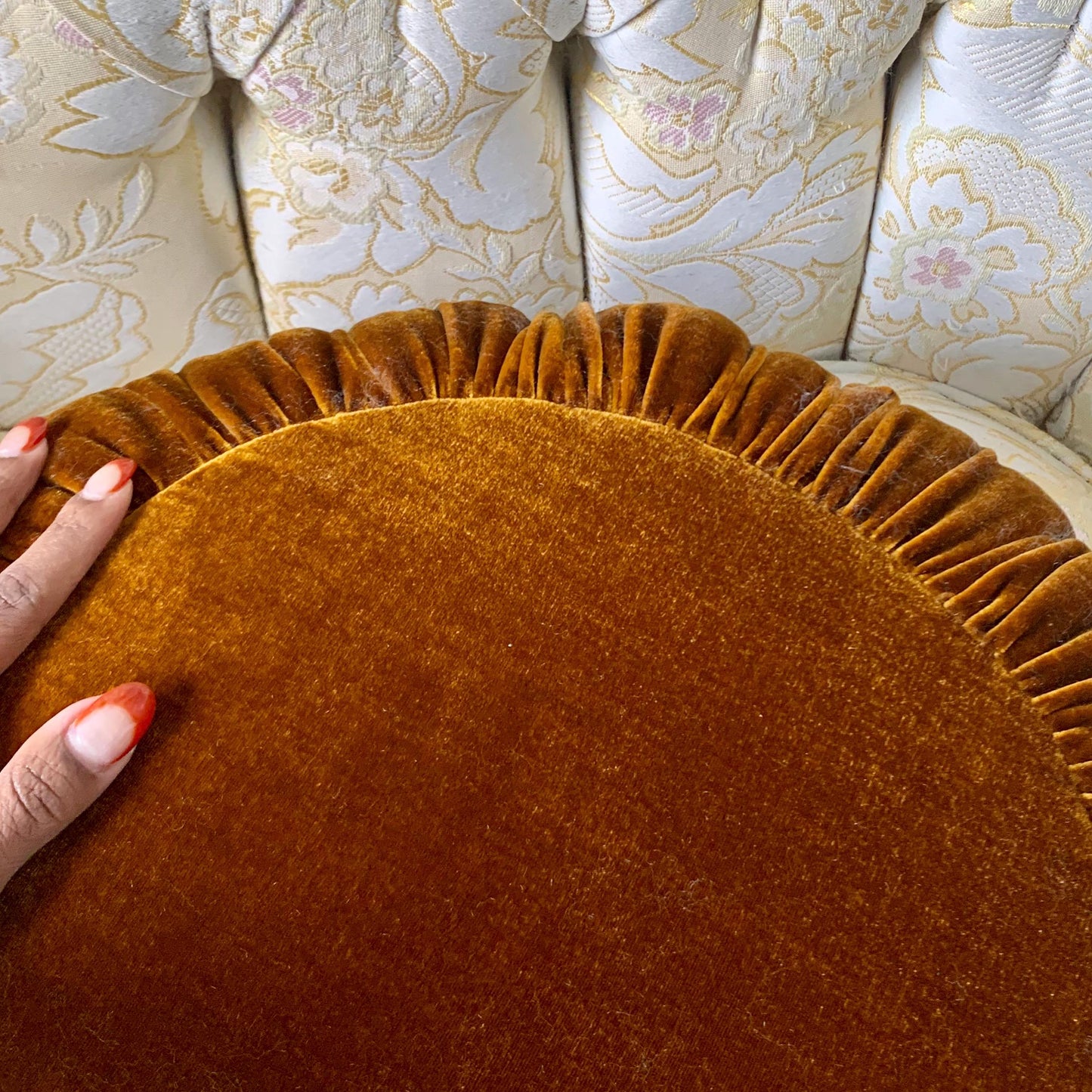 Velvet Throw Pillow - Golden Amber Round Handmade Cushion