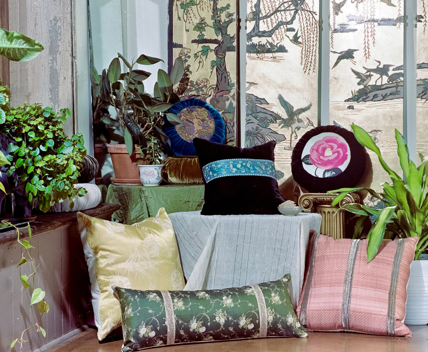 Sun Cushion | Black Silk Velvet and Antique Japanese Obi Floral Embroidery