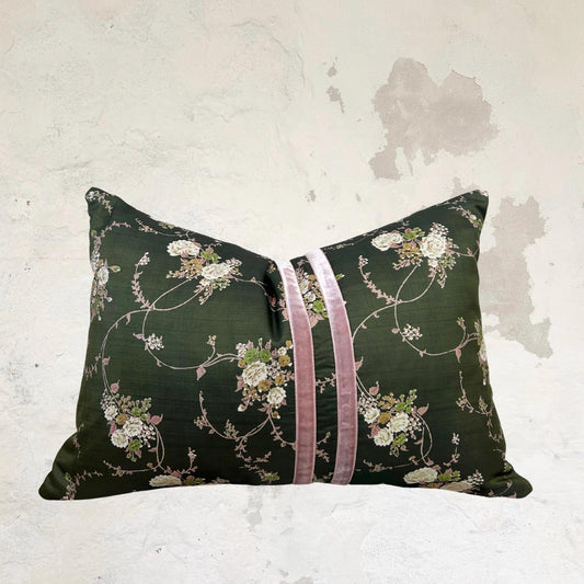 Green Floral Silk Lumbar with Vintage Sari & Velvet Ribbon