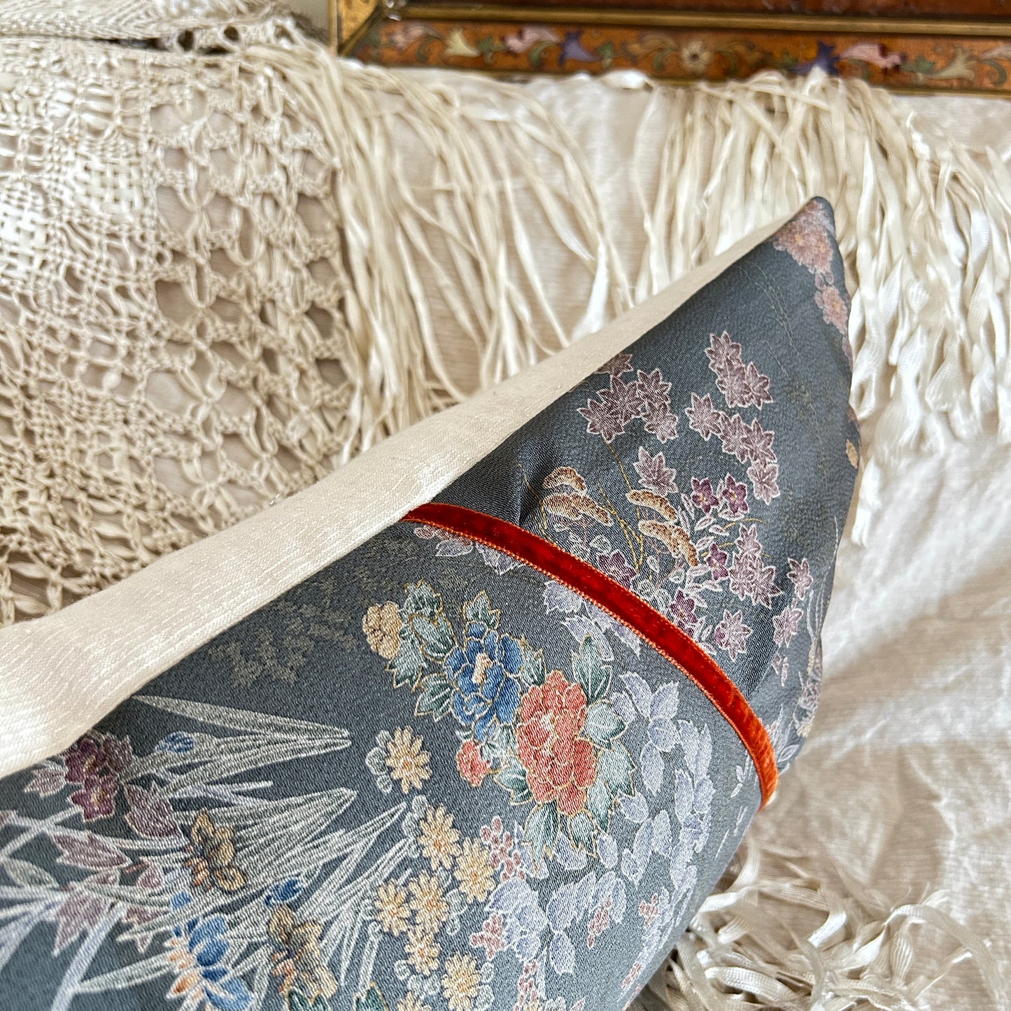 Floral Decorative Pillow | 12x24 Handmade Kimono Silk Decorative Lumbar, Charcoal and Burnt Orange Wildflower Pattern