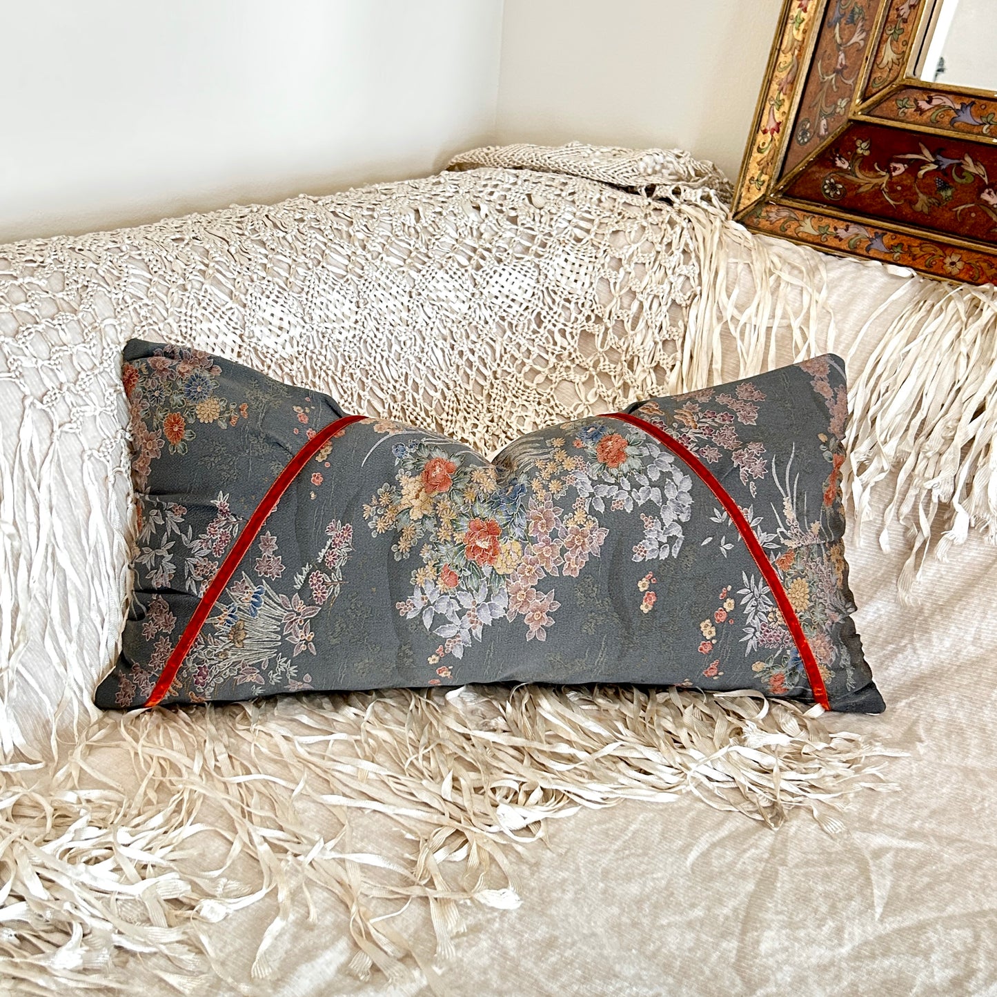Floral Decorative Pillow | 12x24 Handmade Kimono Silk Decorative Lumbar, Charcoal and Burnt Orange Wildflower Pattern