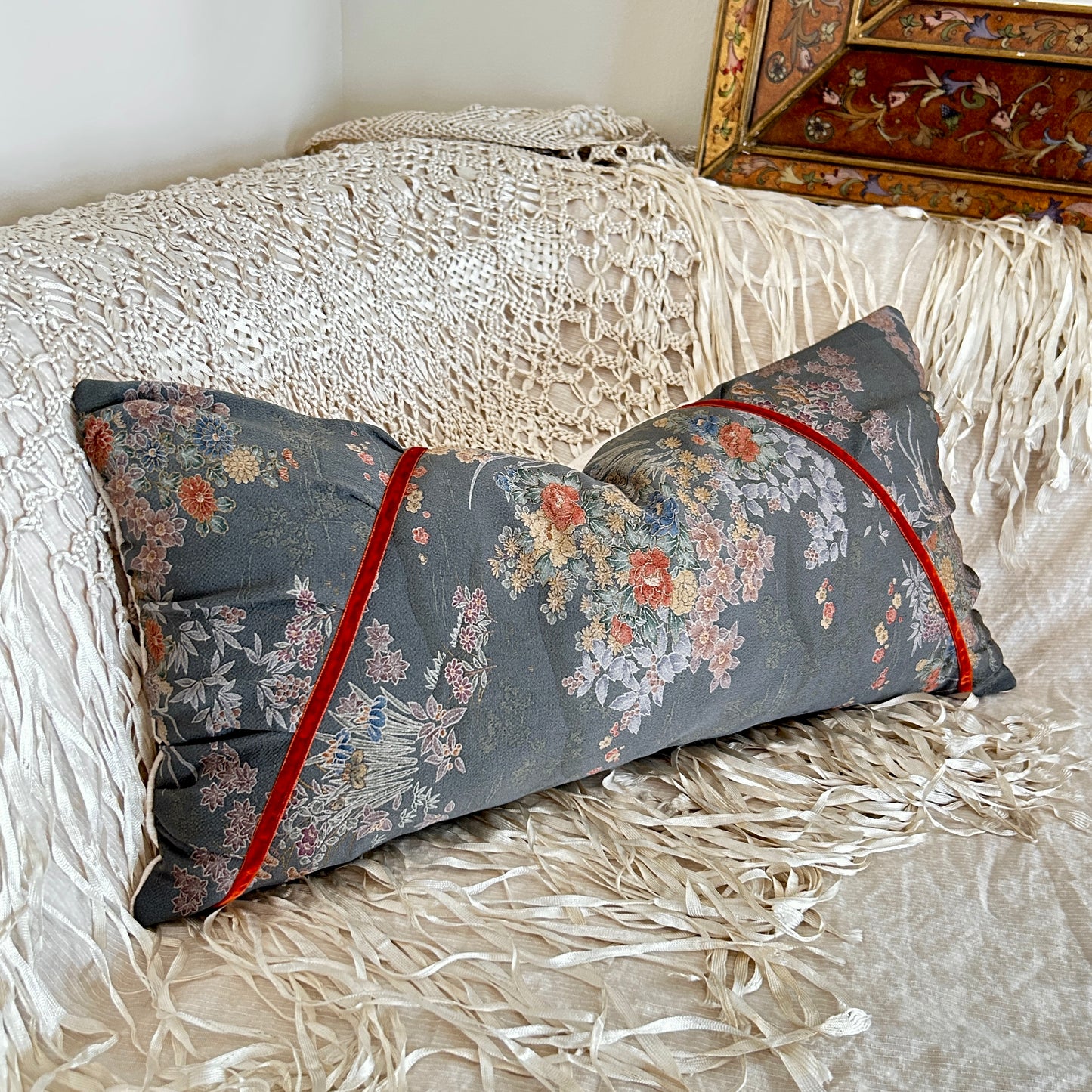 Floral Decorative Pillow | 12x24 Handmade Kimono Silk Decorative Lumbar, Charcoal and Burnt Orange Wildflower Pattern