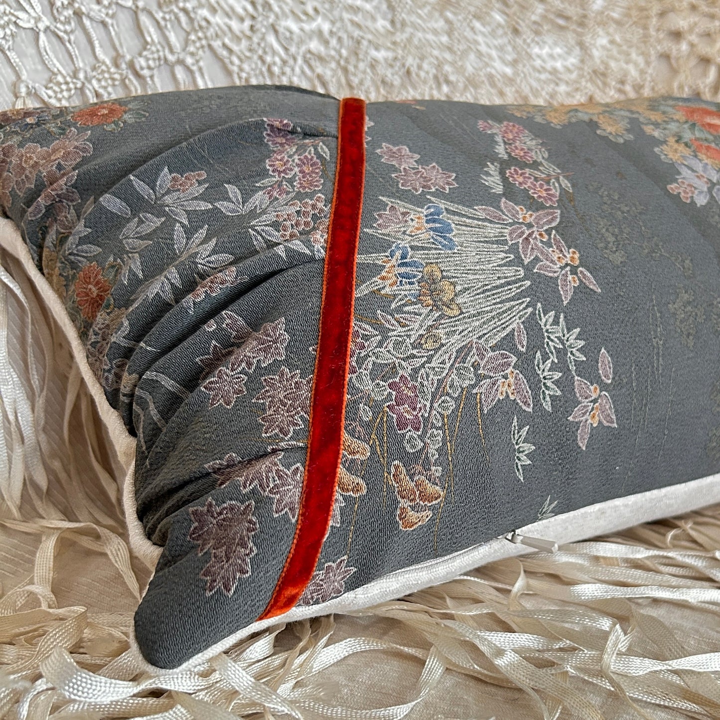 Floral Decorative Pillow | 12x24 Handmade Kimono Silk Decorative Lumbar, Charcoal and Burnt Orange Wildflower Pattern