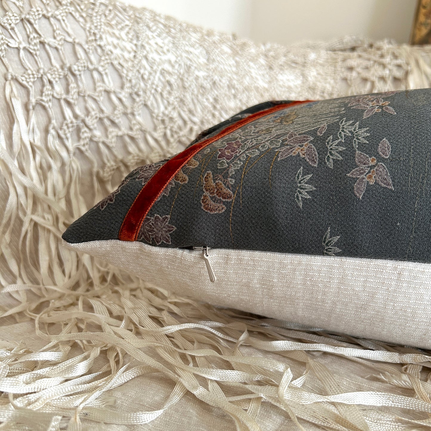 Floral Decorative Pillow | 12x24 Handmade Kimono Silk Decorative Lumbar, Charcoal and Burnt Orange Wildflower Pattern