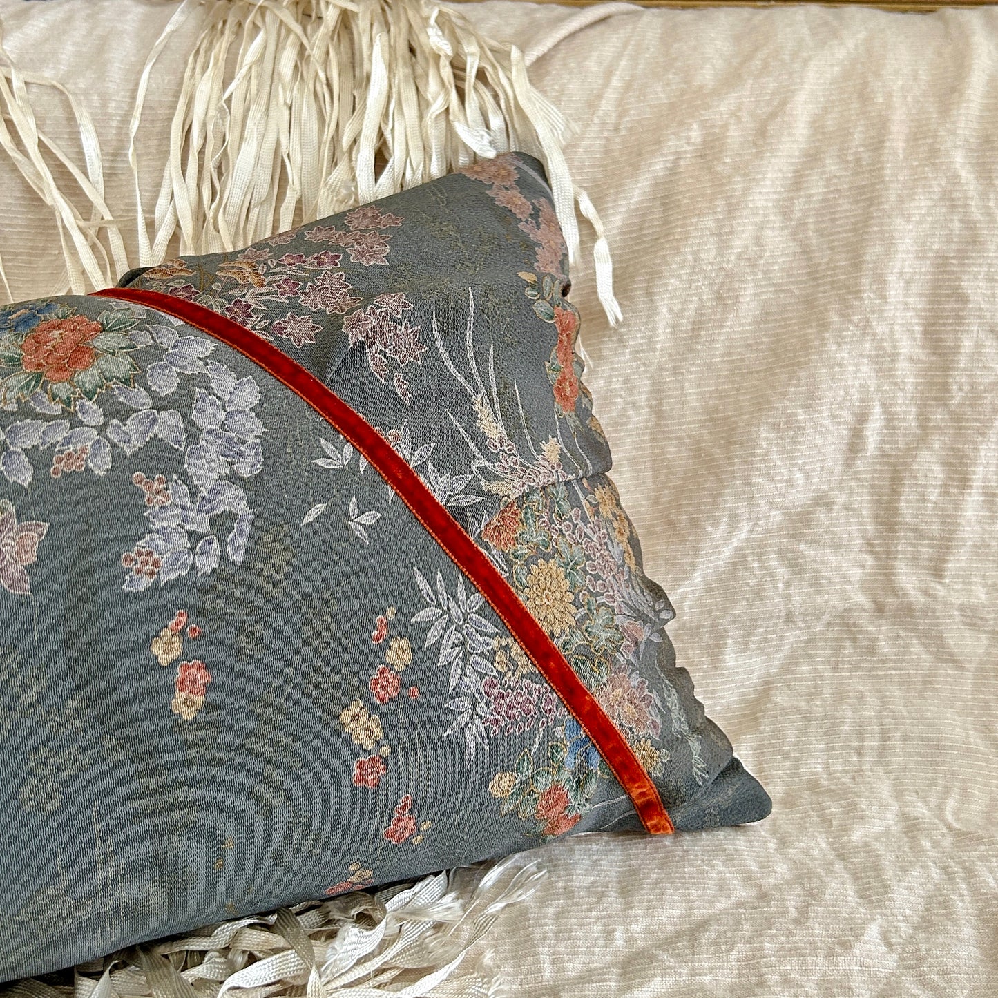 Floral Decorative Pillow | 12x24 Handmade Kimono Silk Decorative Lumbar, Charcoal and Burnt Orange Wildflower Pattern