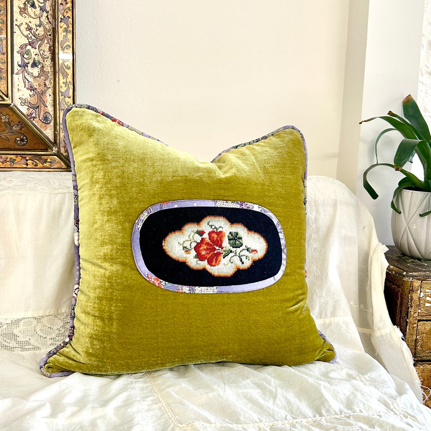 Chartreuse Velvet Pillow with Antique Needlepoint & Kimono Silk Trim, 20×20 Decorative Cushion