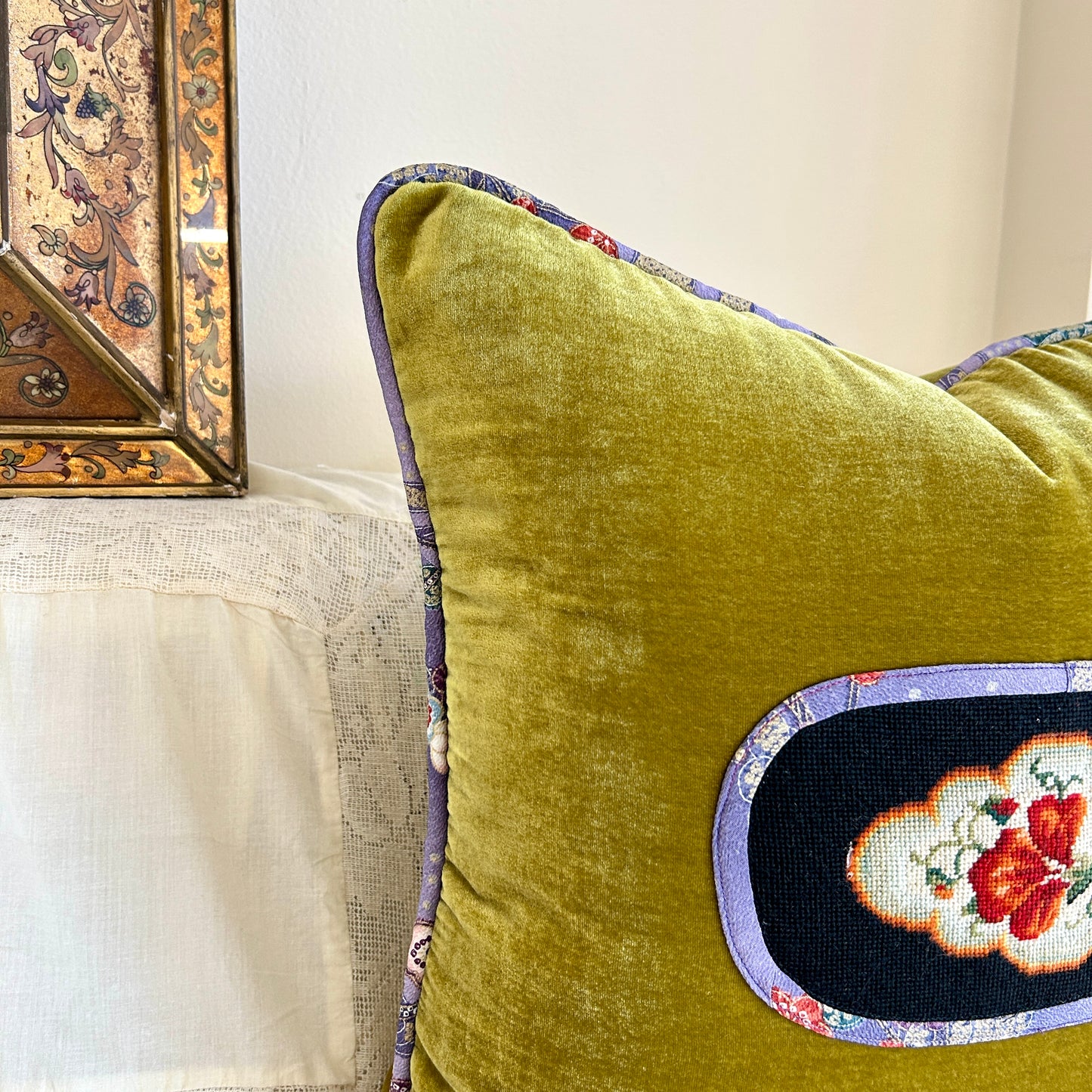 Chartreuse Velvet Pillow with Antique Needlepoint & Kimono Silk Trim, 20×20 Decorative Cushion
