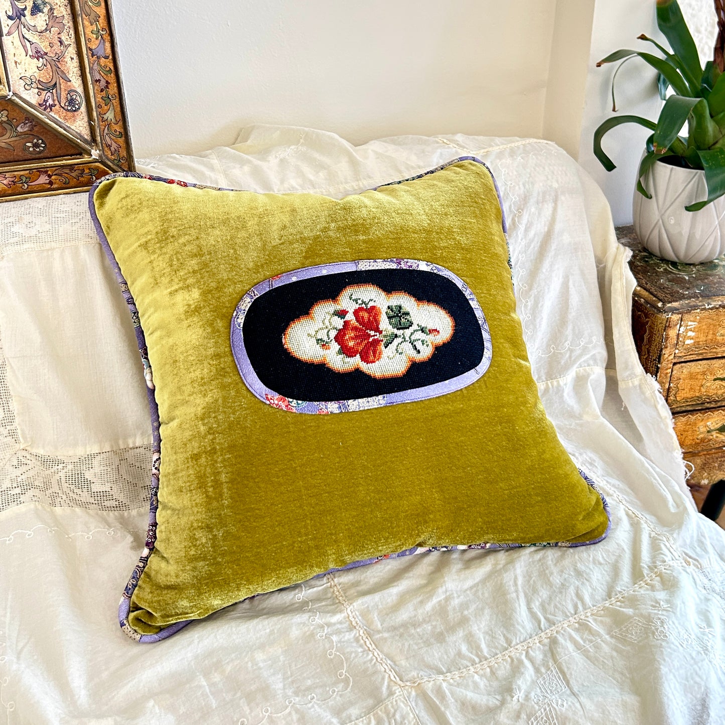 Chartreuse Velvet Pillow with Antique Needlepoint & Kimono Silk Trim, 20×20 Decorative Cushion