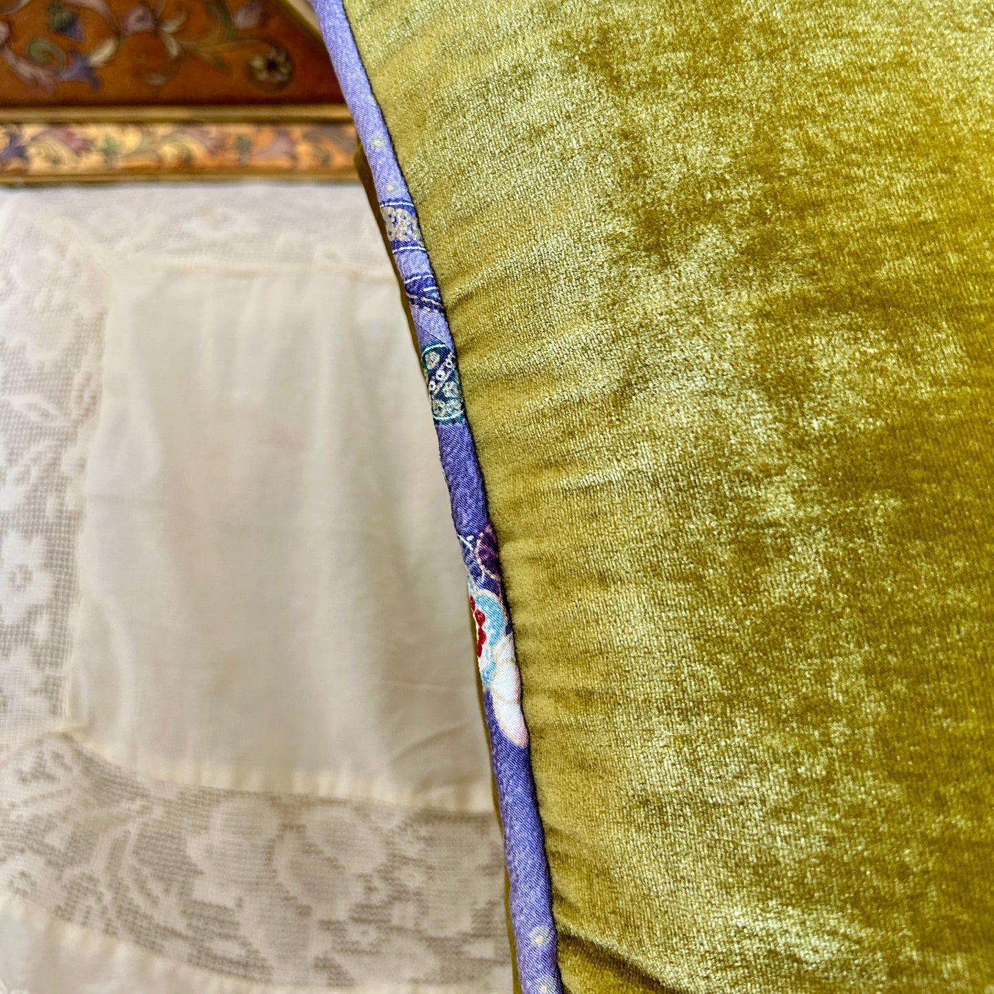 Chartreuse Velvet Pillow with Antique Needlepoint & Kimono Silk Trim, 20×20 Decorative Cushion