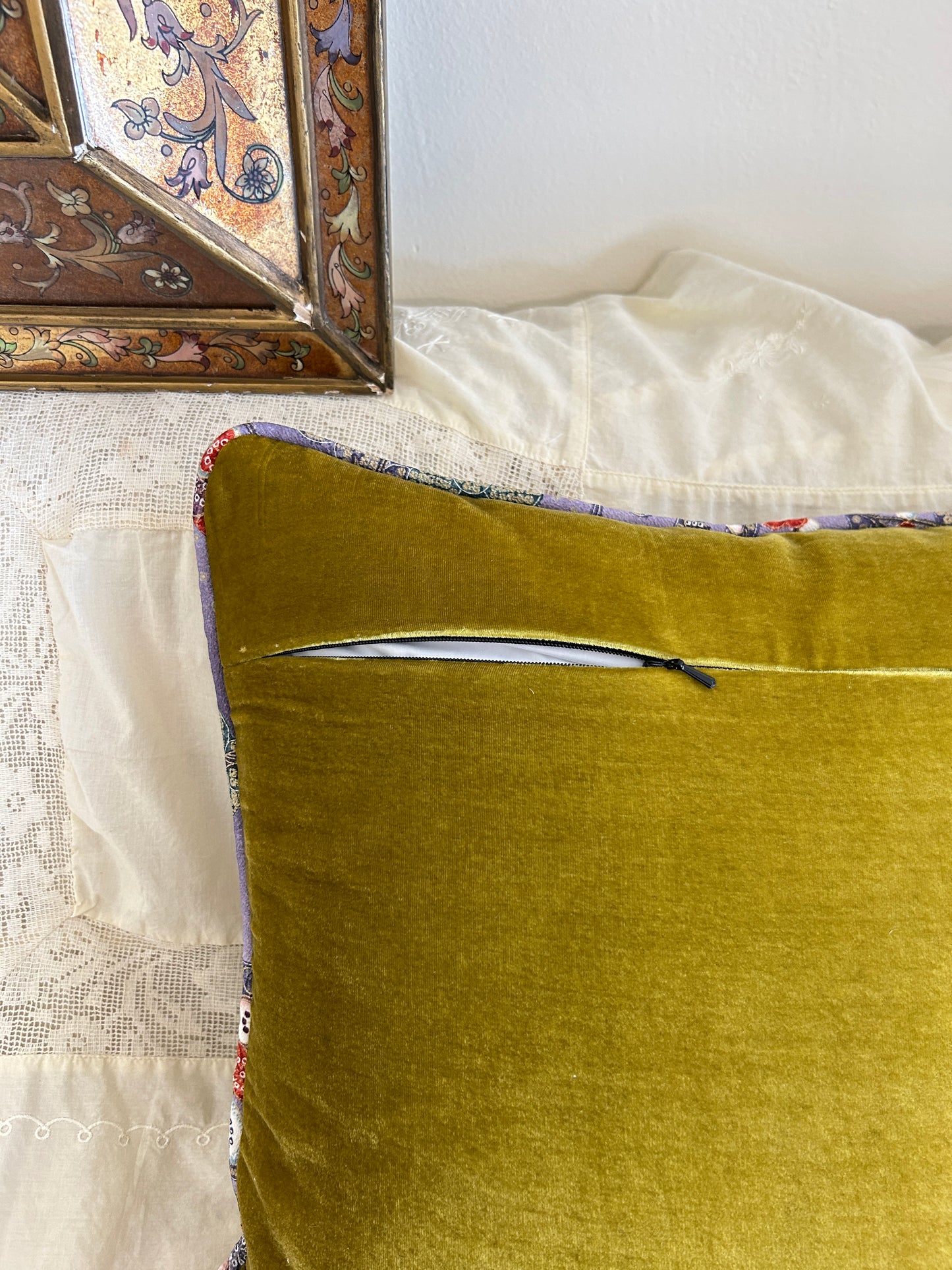 Chartreuse Velvet Pillow with Antique Needlepoint & Kimono Silk Trim, 20×20 Decorative Cushion