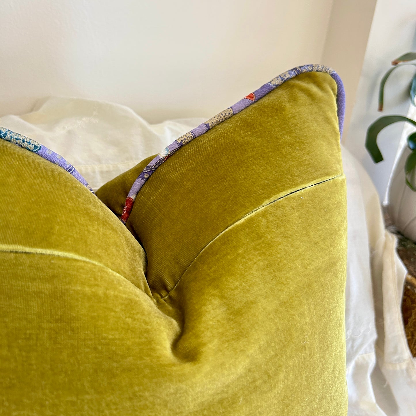 Chartreuse Velvet Pillow with Antique Needlepoint & Kimono Silk Trim, 20×20 Decorative Cushion