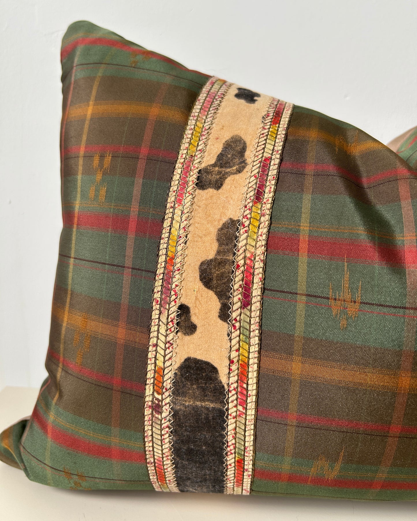 Plaid Silk Recycled Kimono Pillow | Ryukyu Kasuri Weave, Antique Ribbon Detail