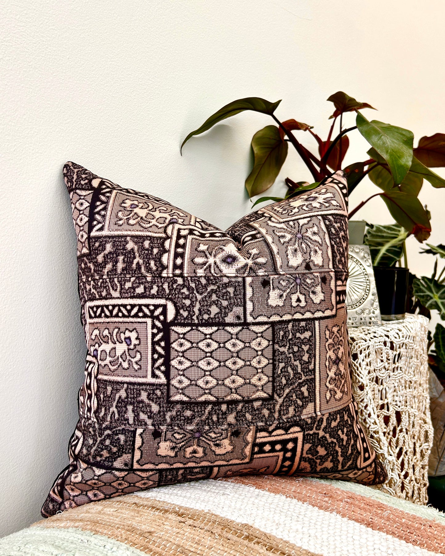 Recycled Kimono Silk Throw Pillow | Black Patchwork on Blush Pink