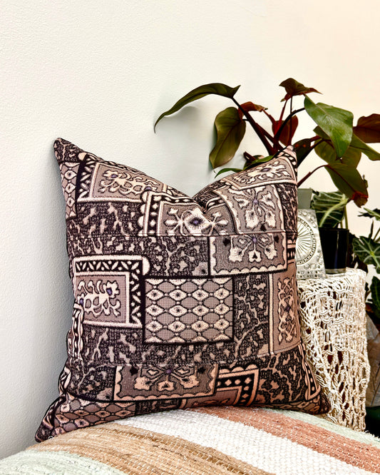 Recycled Kimono Silk Throw Pillow | Black Patchwork on Blush Pink