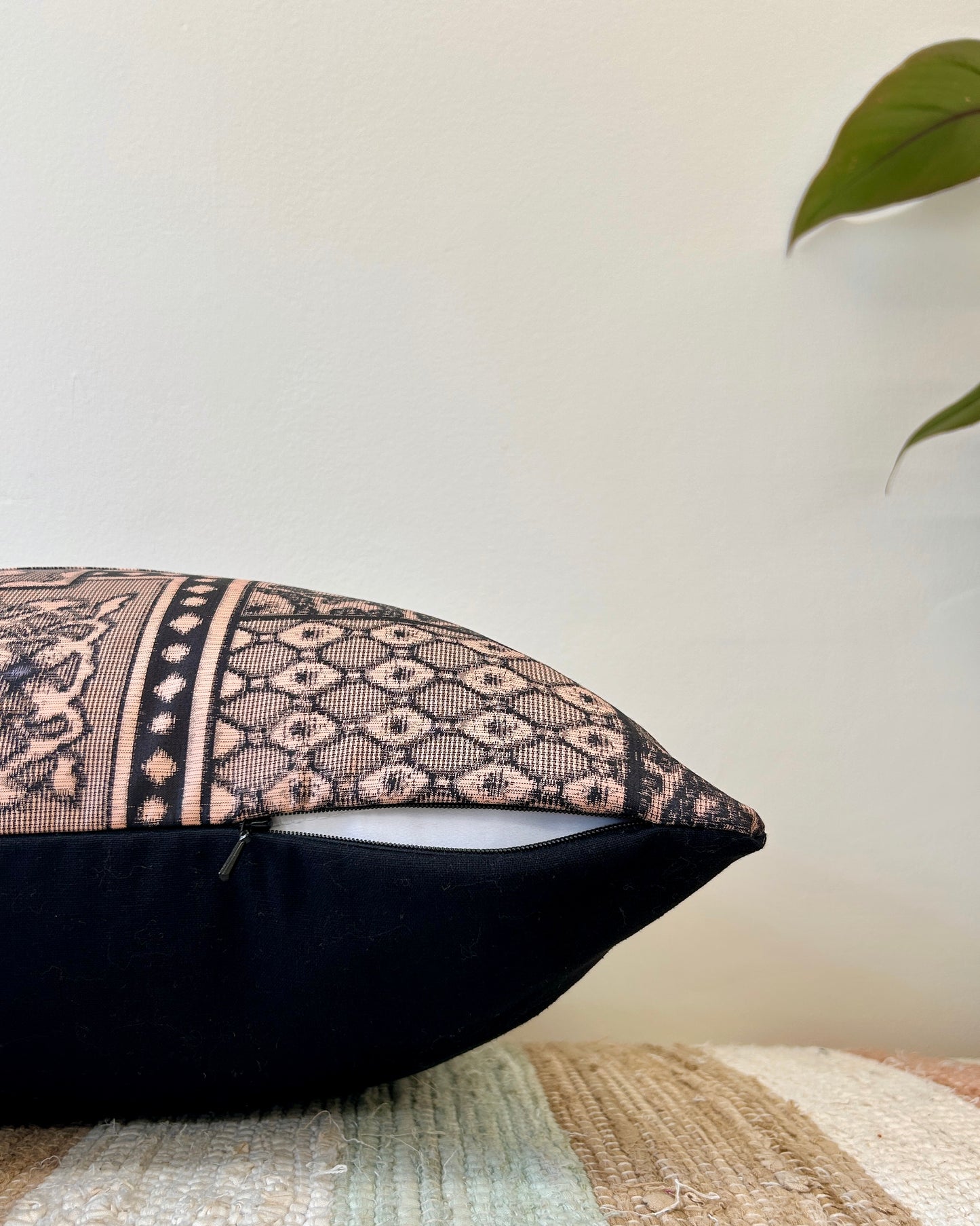 Recycled Kimono Silk Throw Pillow | Black Patchwork on Blush Pink