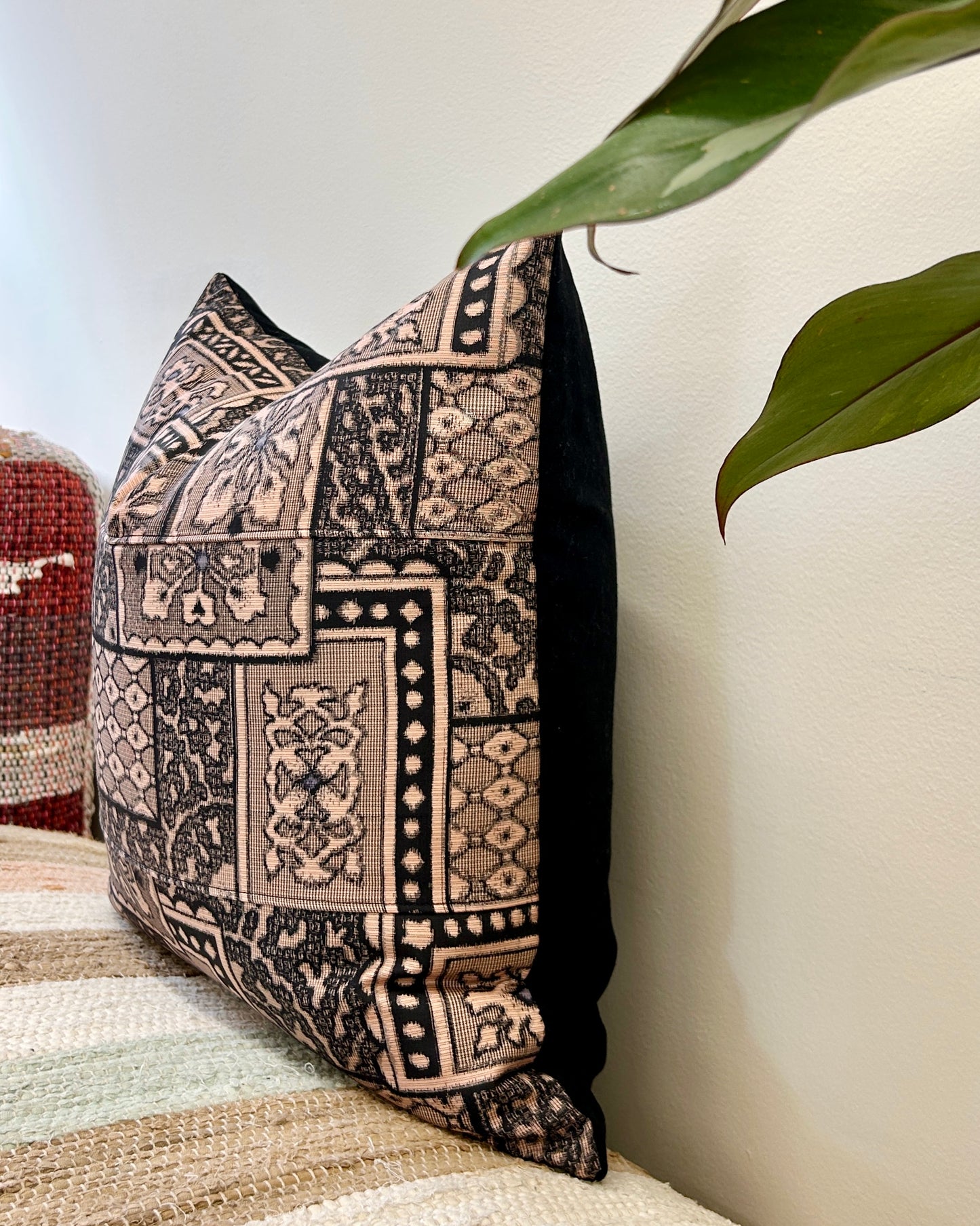 Recycled Kimono Silk Throw Pillow | Black Patchwork on Blush Pink