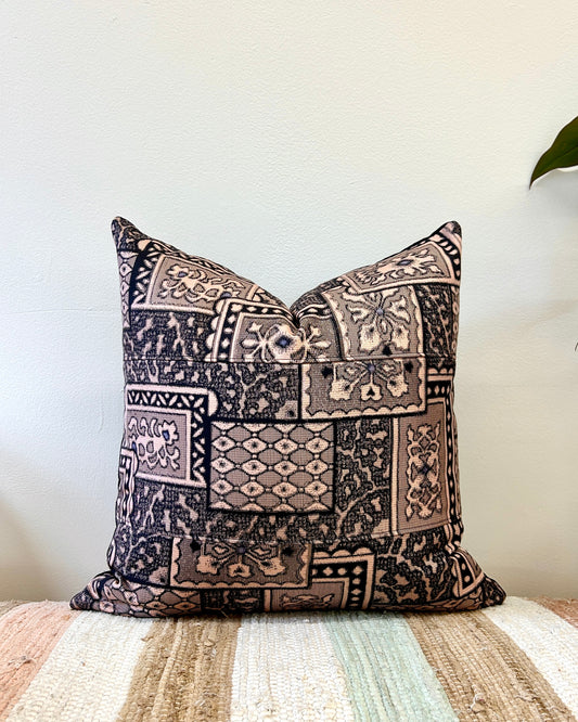 Recycled Kimono Silk Throw Pillow | Black Patchwork on Blush Pink