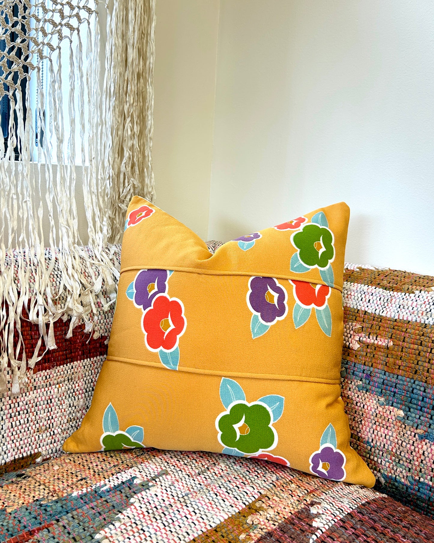 Recycled Kimono Silk Throw Pillow | Yellow Ochre with Graphic Florals