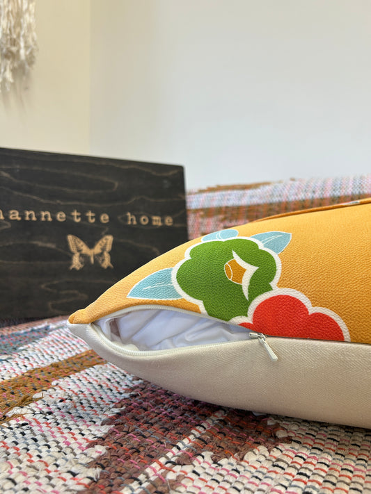 Recycled Kimono Silk Throw Pillow | Yellow Ochre with Graphic Florals