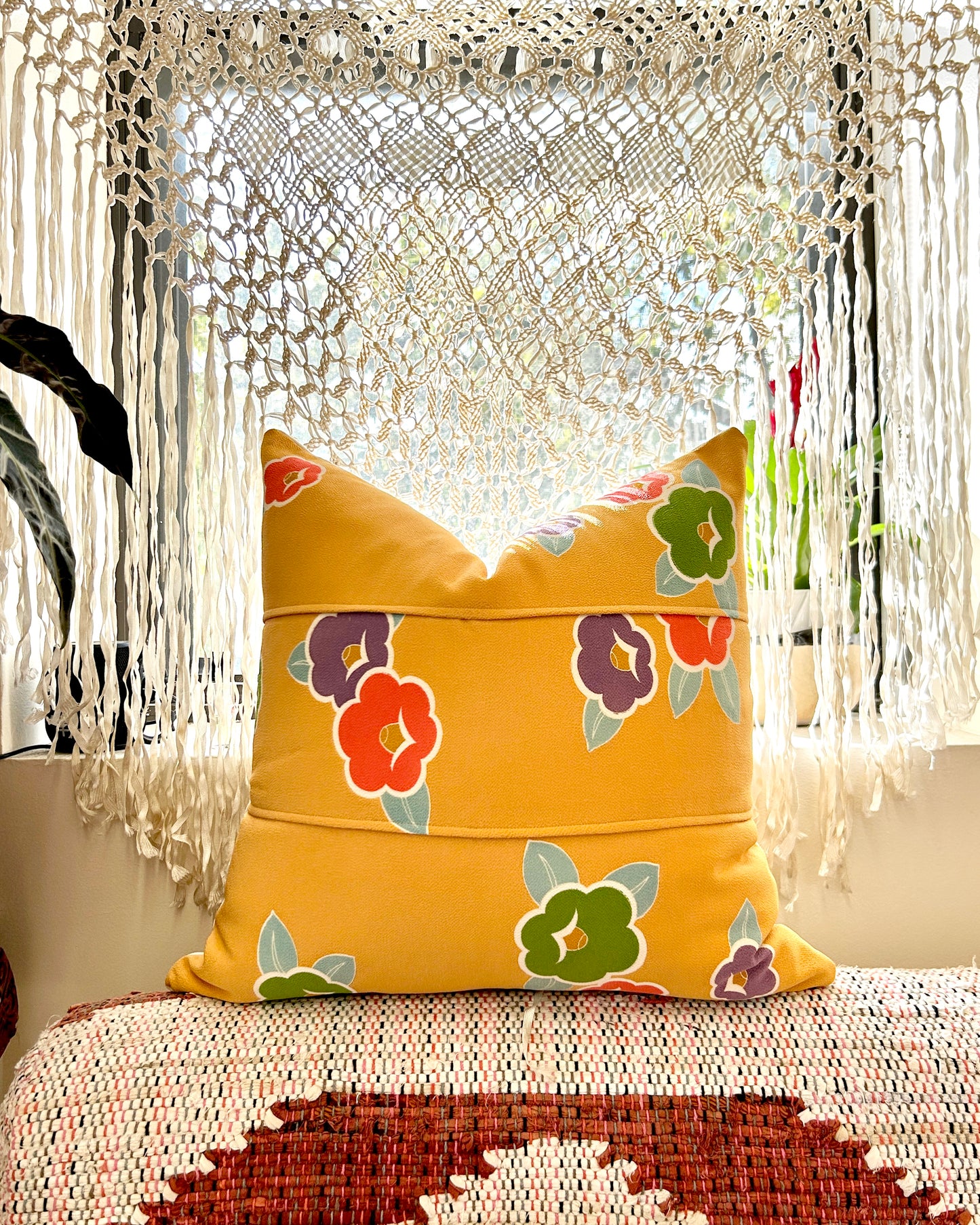 Recycled Kimono Silk Throw Pillow | Yellow Ochre with Graphic Florals