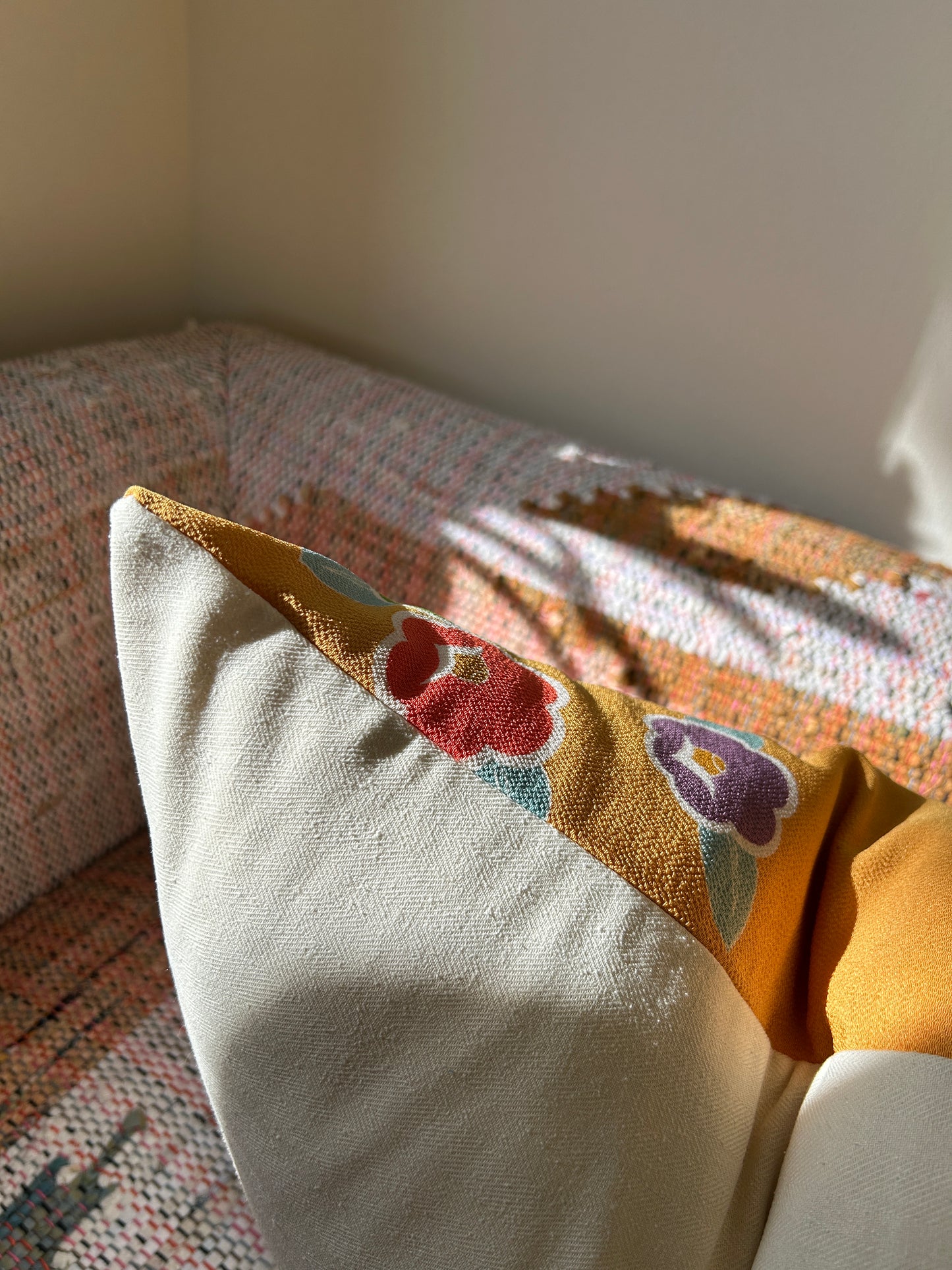 Recycled Kimono Silk Throw Pillow | Yellow Ochre with Graphic Florals