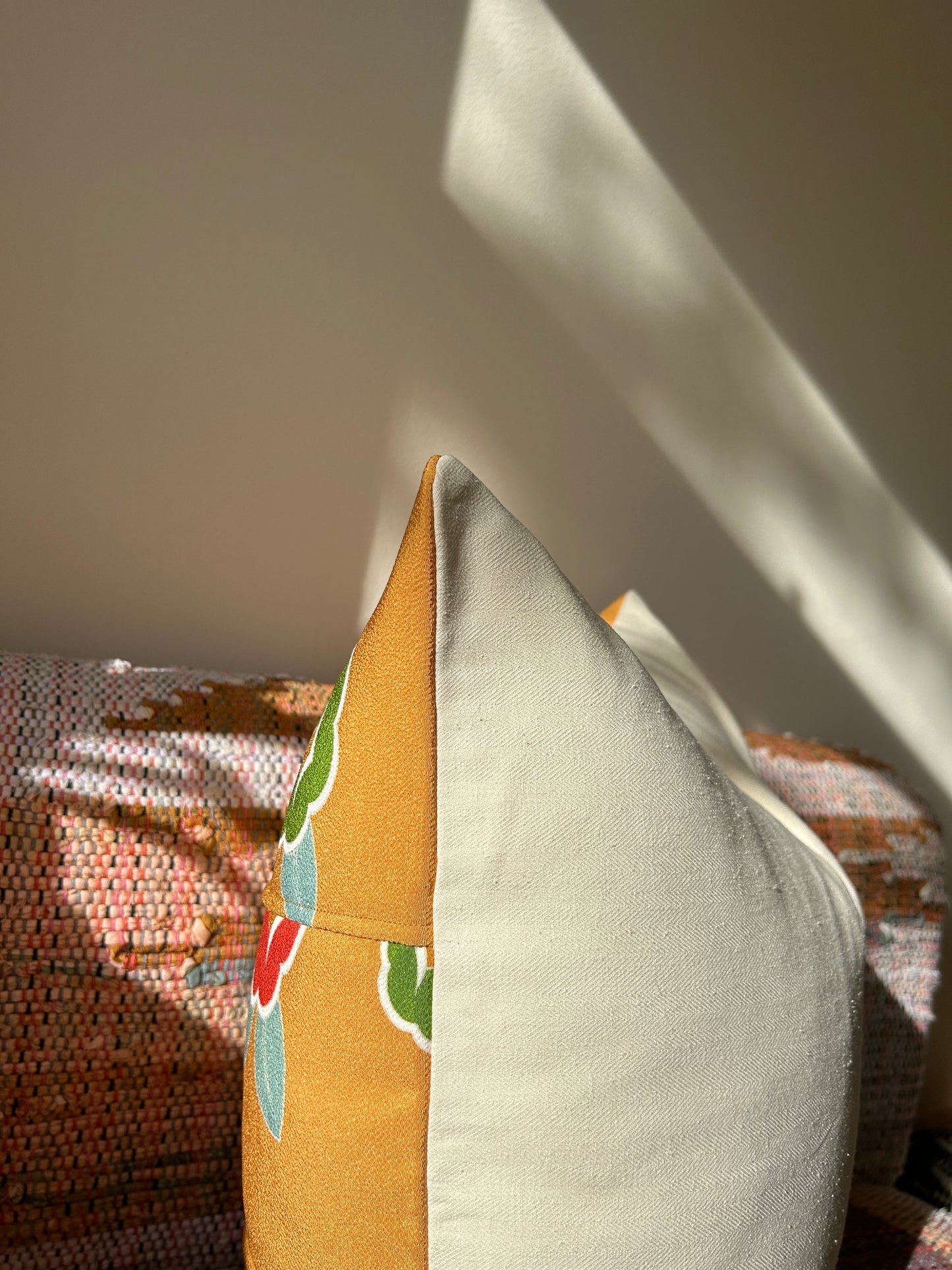 Recycled Kimono Silk Throw Pillow | Yellow Ochre with Graphic Florals