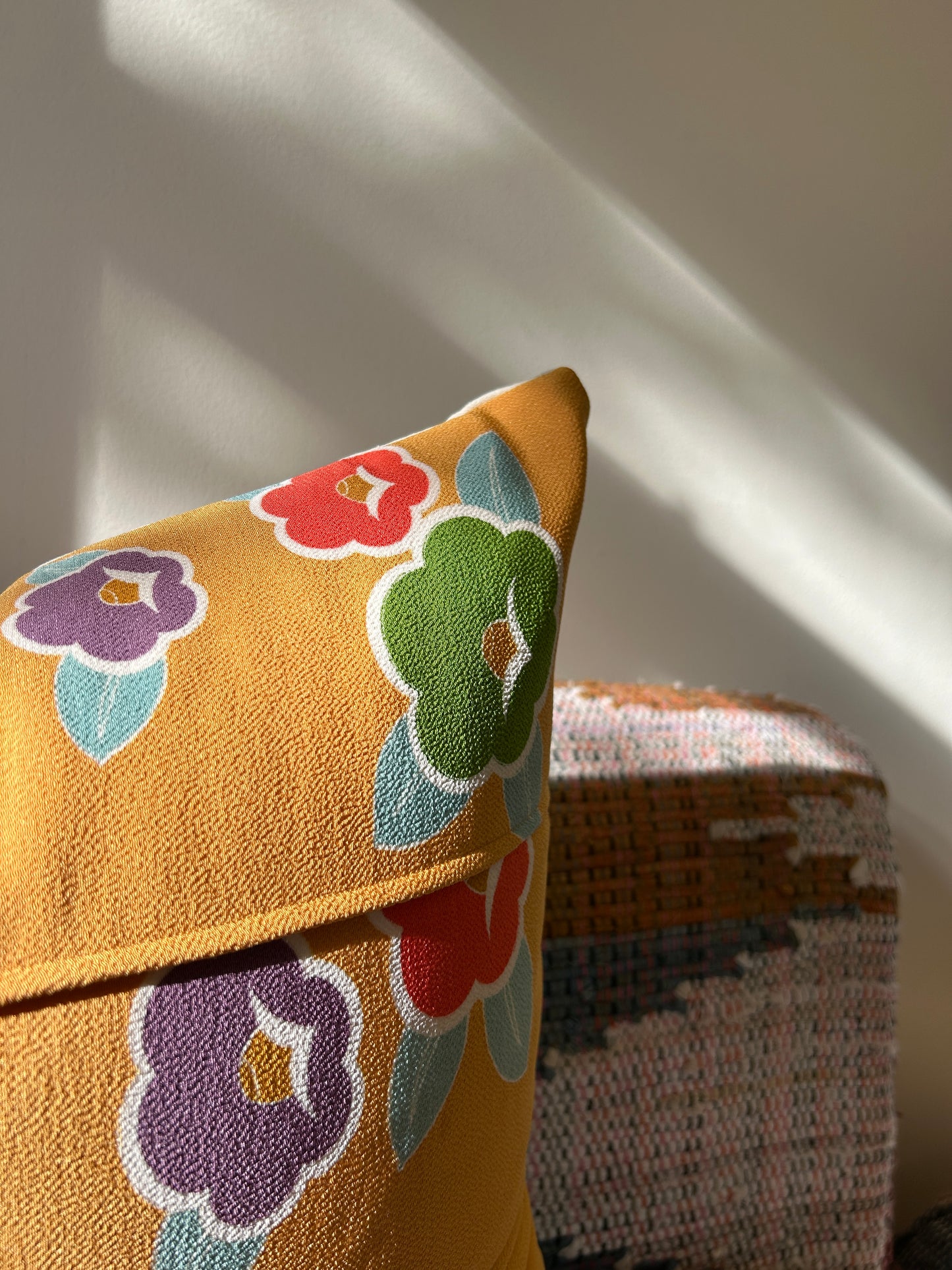 Recycled Kimono Silk Throw Pillow | Yellow Ochre with Graphic Florals