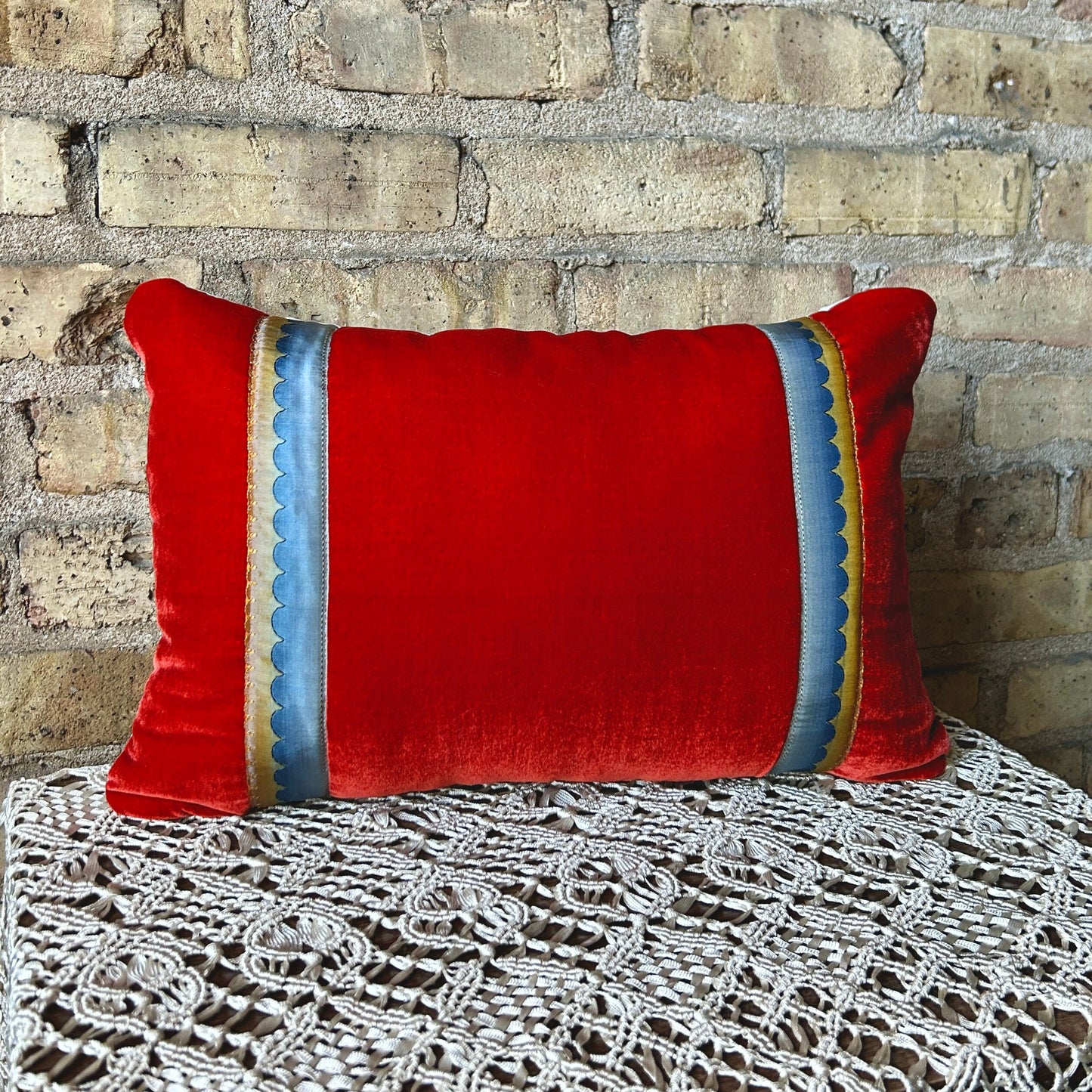 Luxe Silk Velvet Decorative Pillow with Antique French Trim