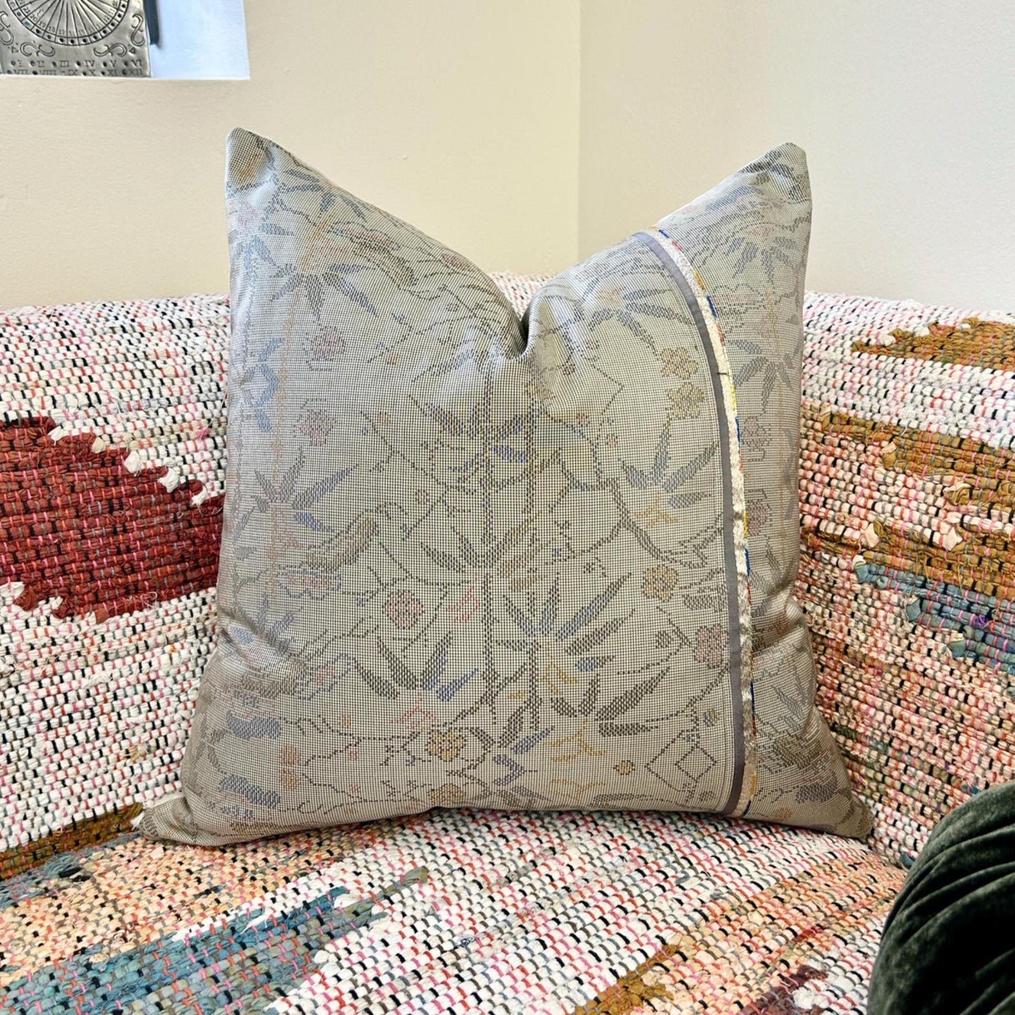 Floral Kimono Silk Pillow Cover with Art Deco Trim