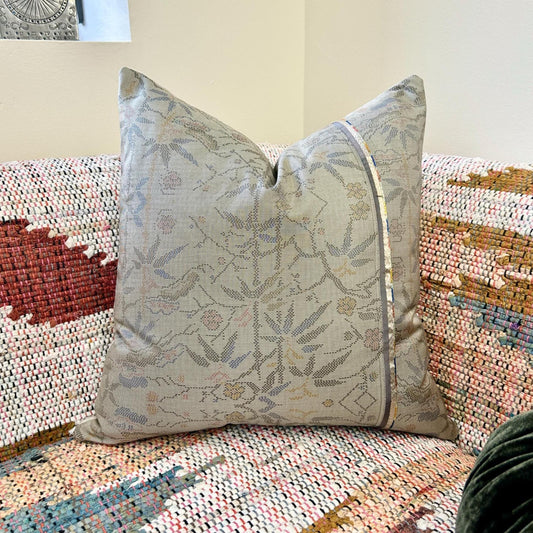 Floral Kimono Silk Pillow Cover with Art Deco Trim