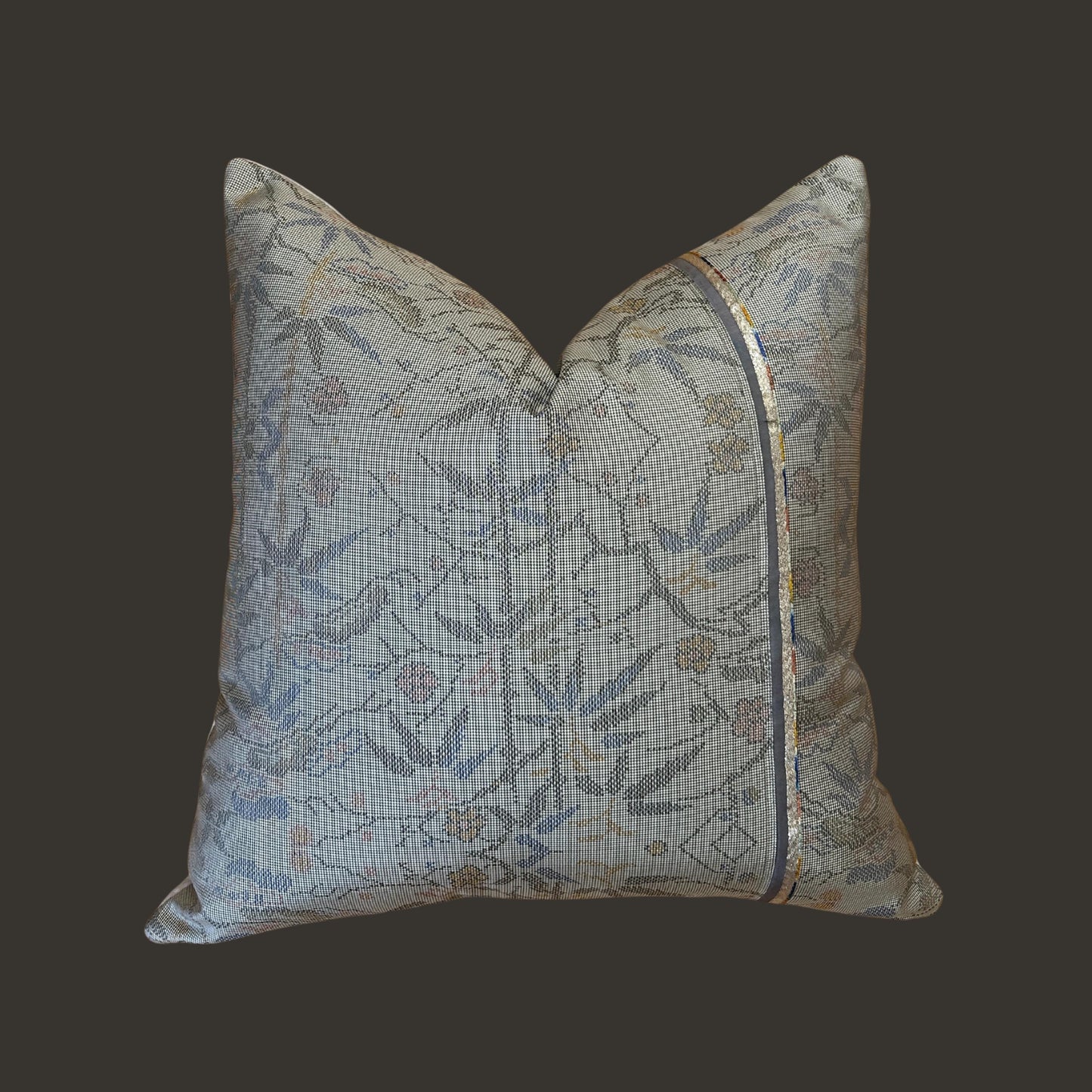 Floral Kimono Silk Pillow Cover with Art Deco Trim