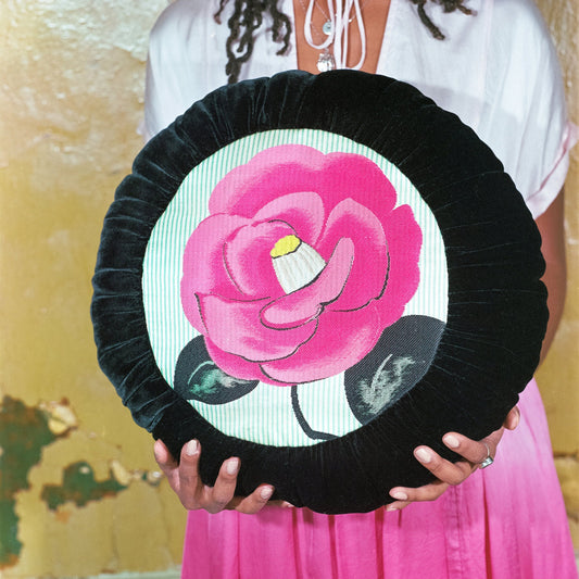 Sun Cushion | Black Silk Velvet and Antique Japanese Obi Floral Embroidery